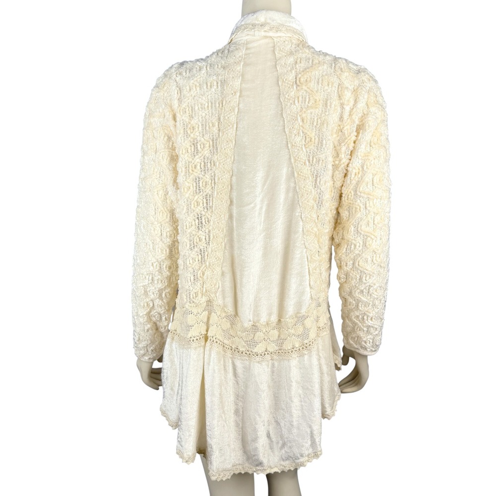 Ivory Boho Lace Waterfall Cardigan‎ L Sweater Made in Italy Open Knit Romantic - Picture 4 of 11